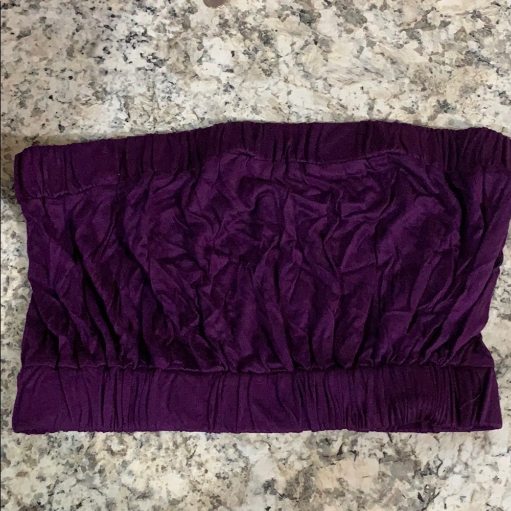 Purple, blue, and brown bandeau crop top